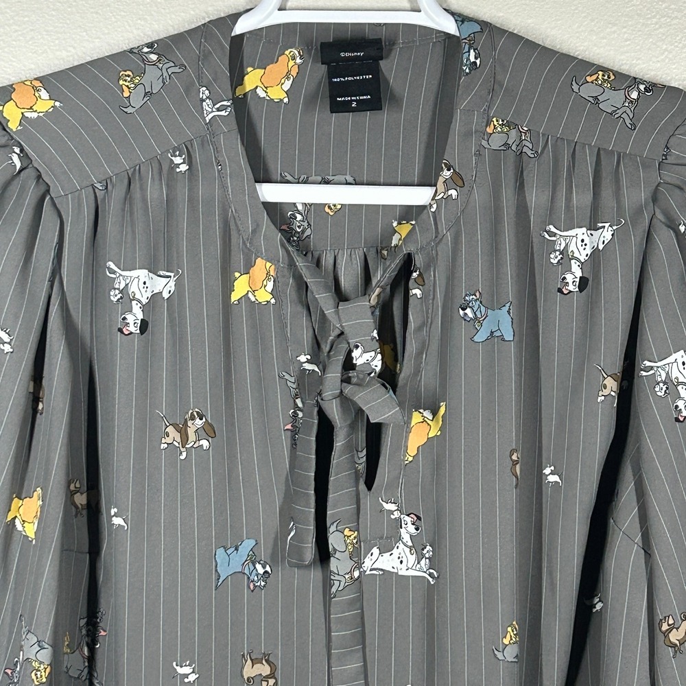 Disney Dog Print Blouse Women 2 Grey Pinstripe Good Tie Neck 3/4 Sleeve Top